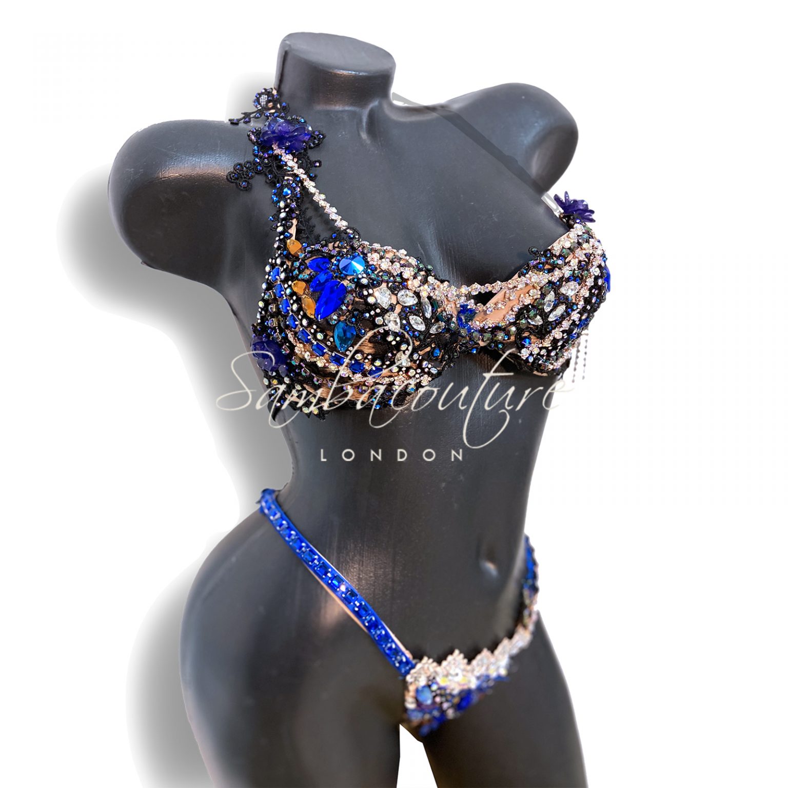 SambaCouture WBFF bikini posing suit. Animal leopard print AB crystal black lace purple blue crystal bikini