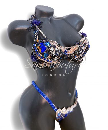 SambaCouture WBFF bikini posing suit. Animal leopard print AB crystal black lace purple blue crystal bikini