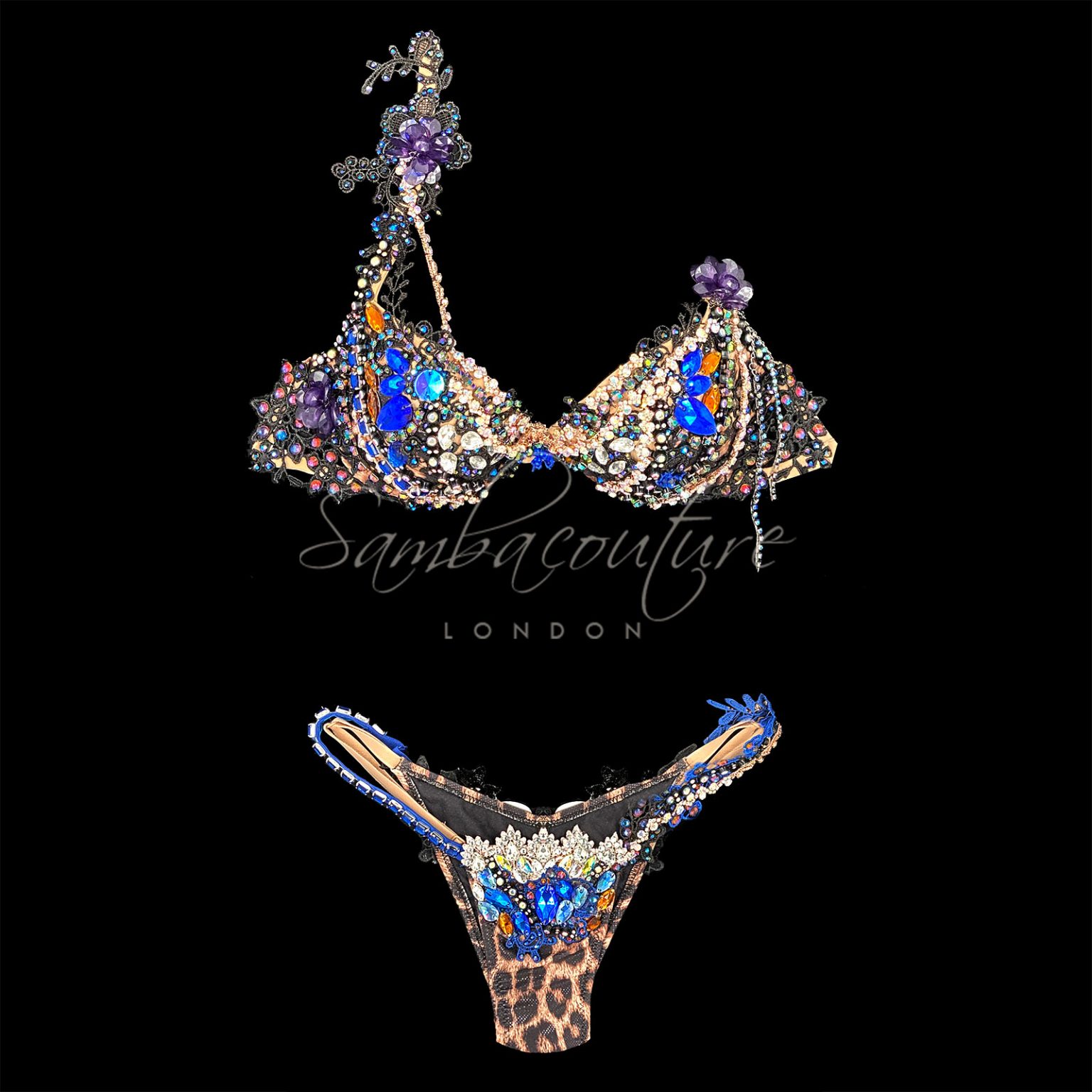 SambaCouture WBFF bikini posing suit. Animal leopard print AB crystal black lace purple blue crystal bikini