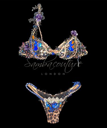 SambaCouture WBFF bikini posing suit. Animal leopard print AB crystal black lace purple blue crystal bikini