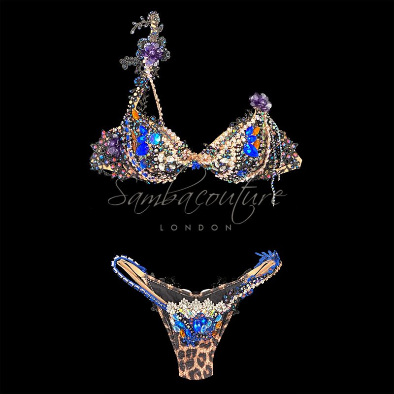 SambaCouture WBFF bikini posing suit. Animal leopard print AB crystal black lace purple blue crystal bikini