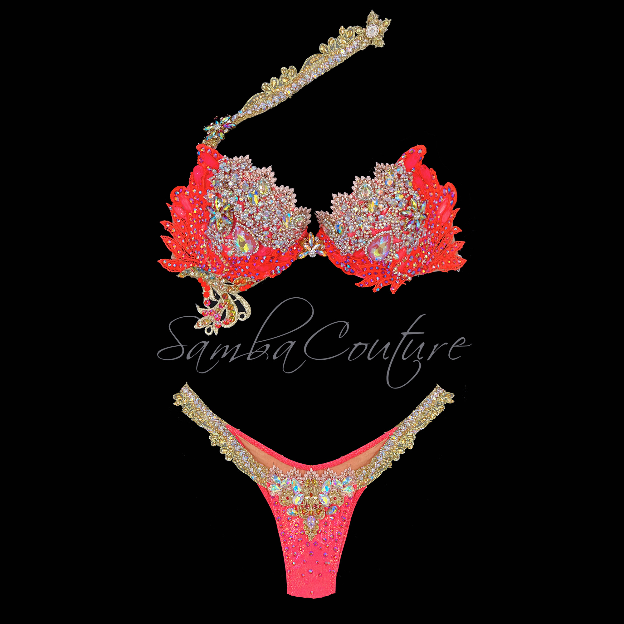 Samba Couture Coral Neon Orange Rose Gold Crystal Bikini WBFF Competition Posing Suit