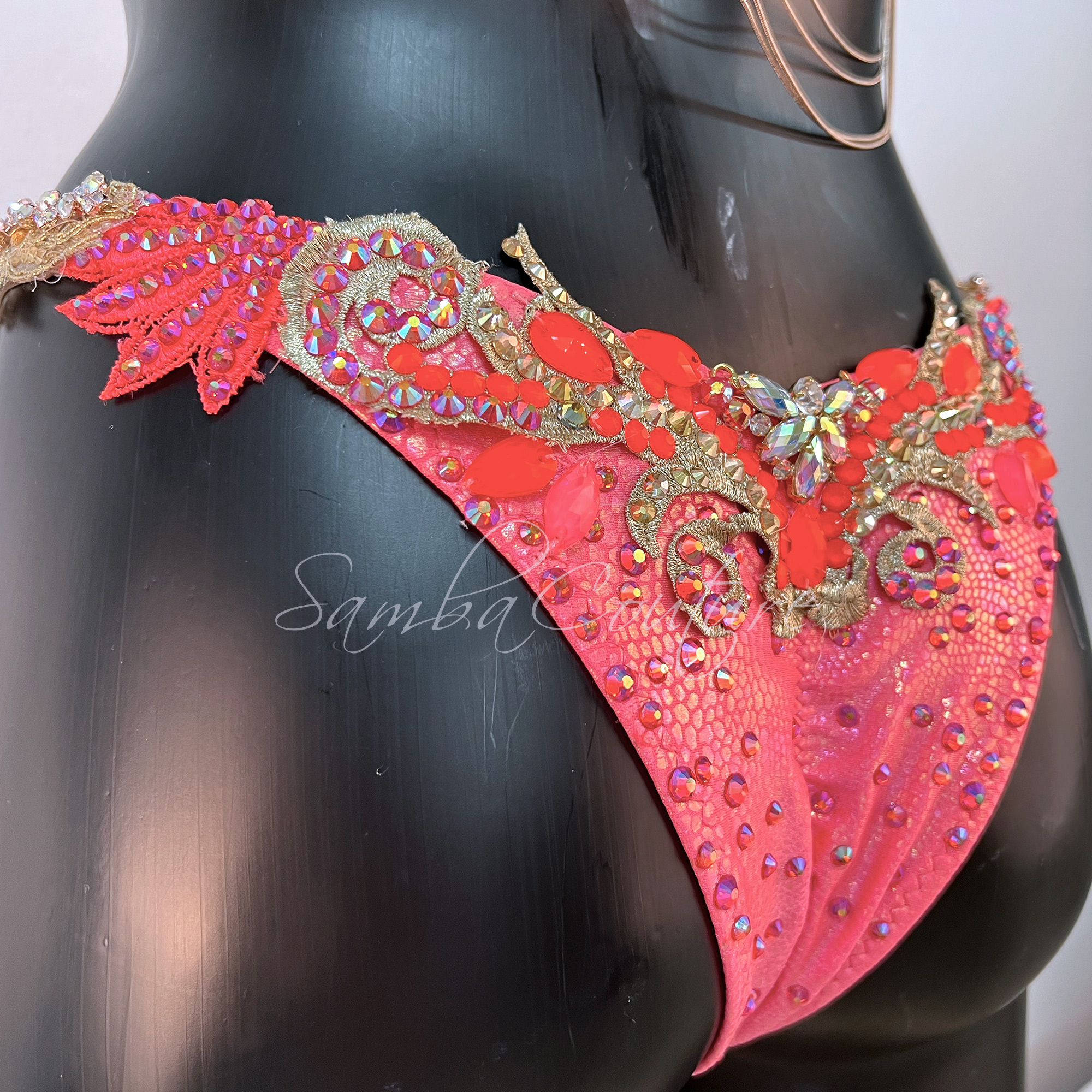 Samba Couture Coral Neon Orange Rose Gold Crystal Bikini WBFF Competition Posing Suit - Image 3