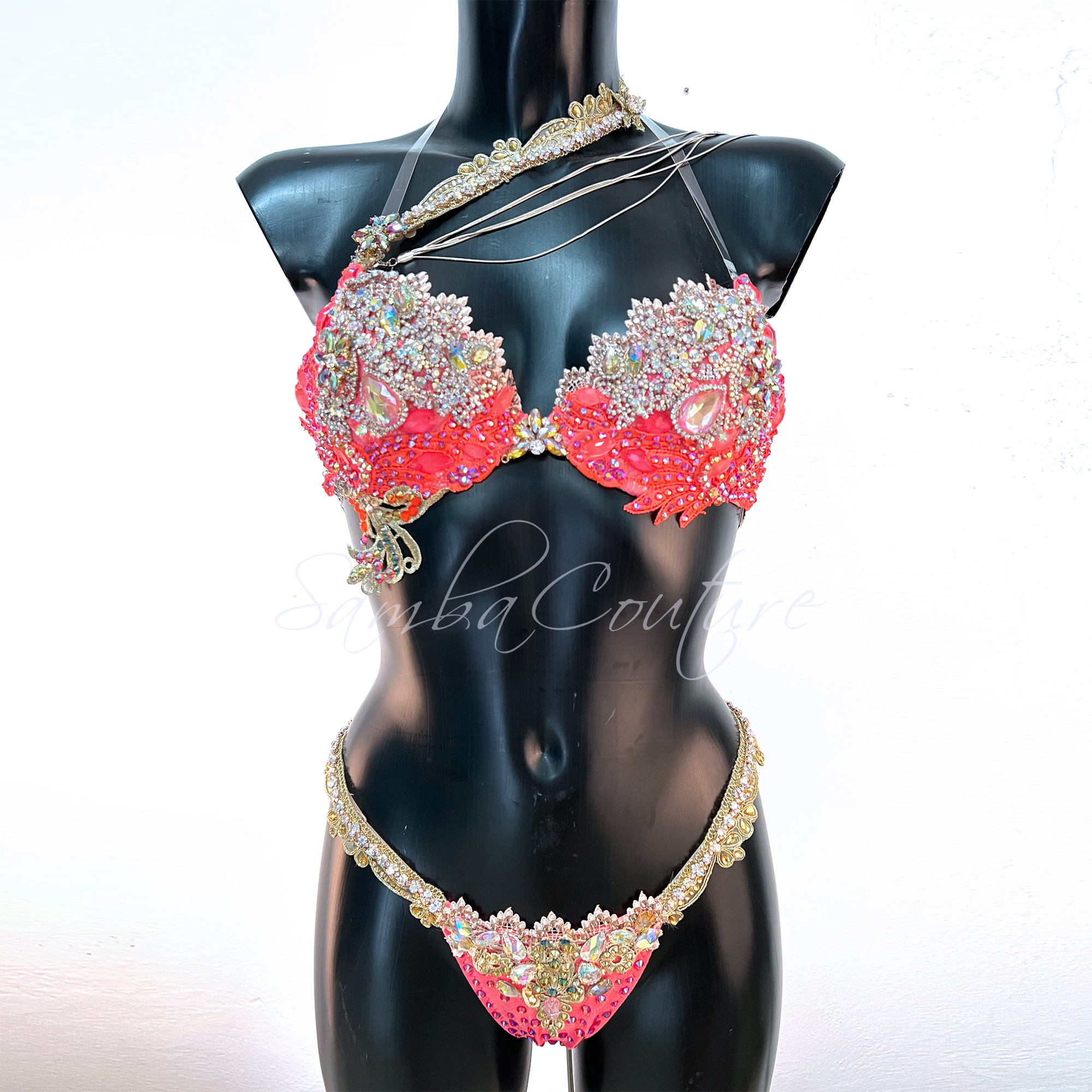 Samba Couture Coral Neon Orange Rose Gold Crystal Bikini WBFF Competition Posing Suit - Image 2