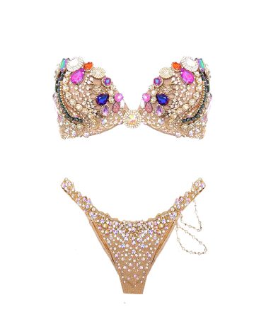 Shine on stage with Samba Couture’s gold crystal bikini featuring multicolor beaded bra cups. Perfect for WBFF, FMG, and fitness competitions. Custom fit, maximum sparkle.