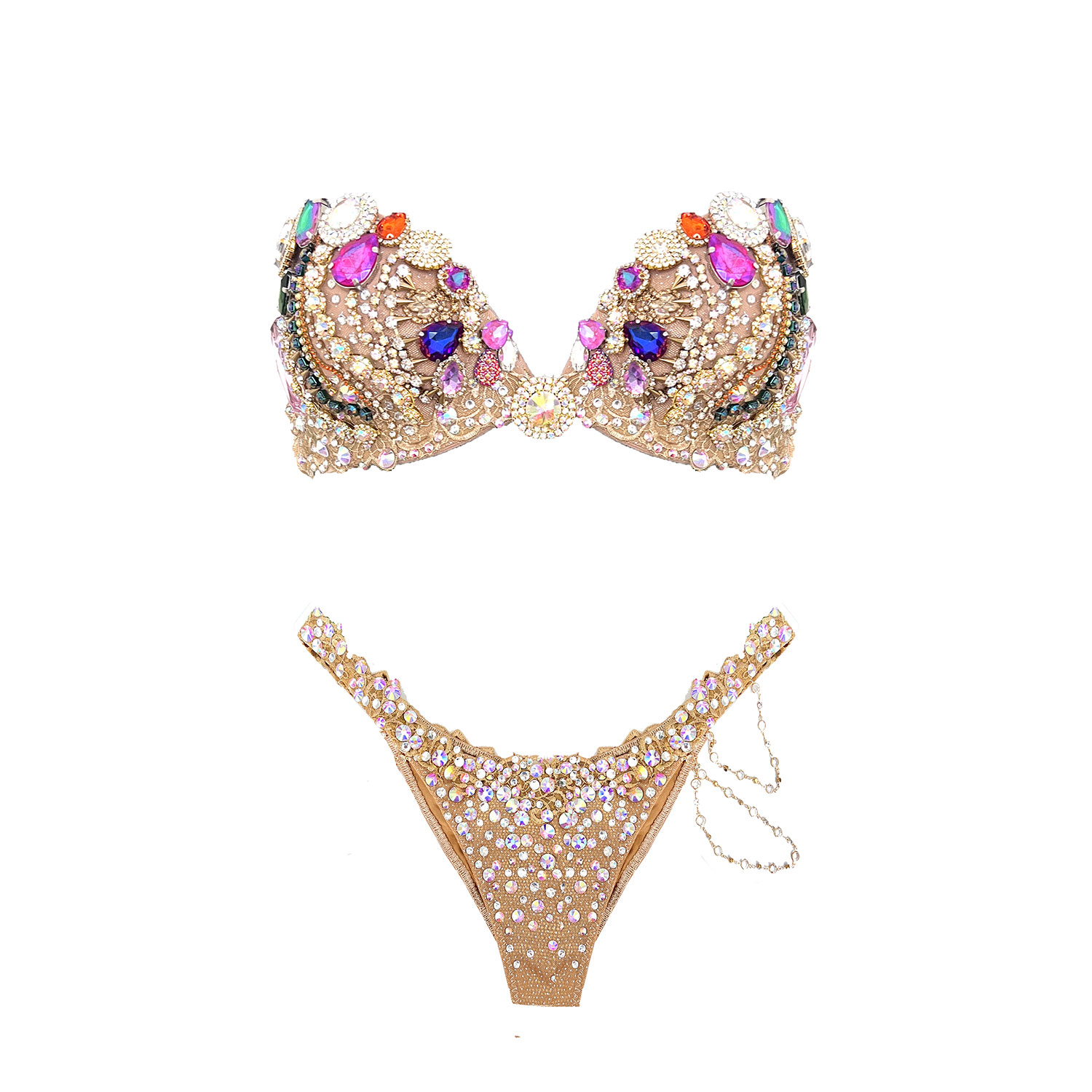 Shine on stage with Samba Couture’s gold crystal bikini featuring multicolor beaded bra cups. Perfect for WBFF, FMG, and fitness competitions. Custom fit, maximum sparkle.